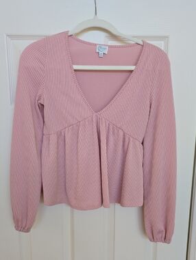 XS Pink Ribbed V-Neck Peplum Long Sleeve Top